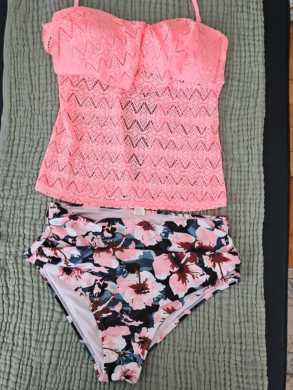 Arizona Jean Company Pink Crochet Tankini with Floral High-Waist Bottom